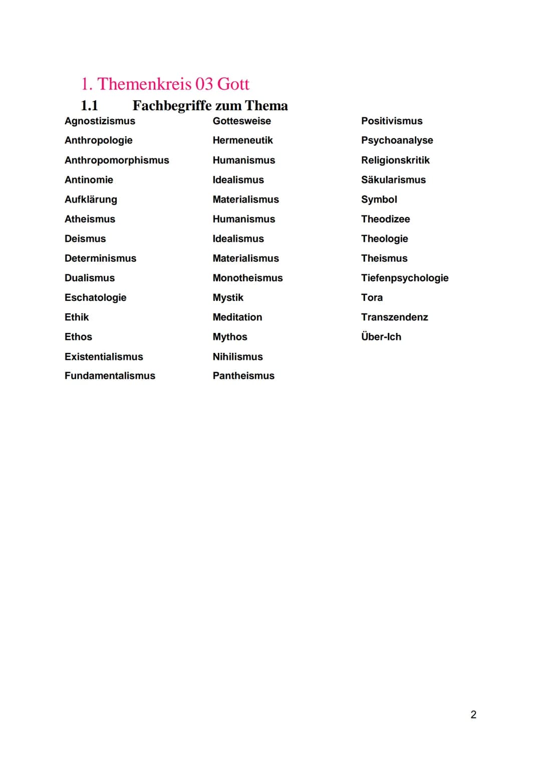 Religion Abi
2023
Zusammenfassung
2023 1. Themenkreis 03 Gott
1.1
Agnostizismus
Anthropologie
Anthropomorphismus
Antinomie
Aufklärung
Atheis