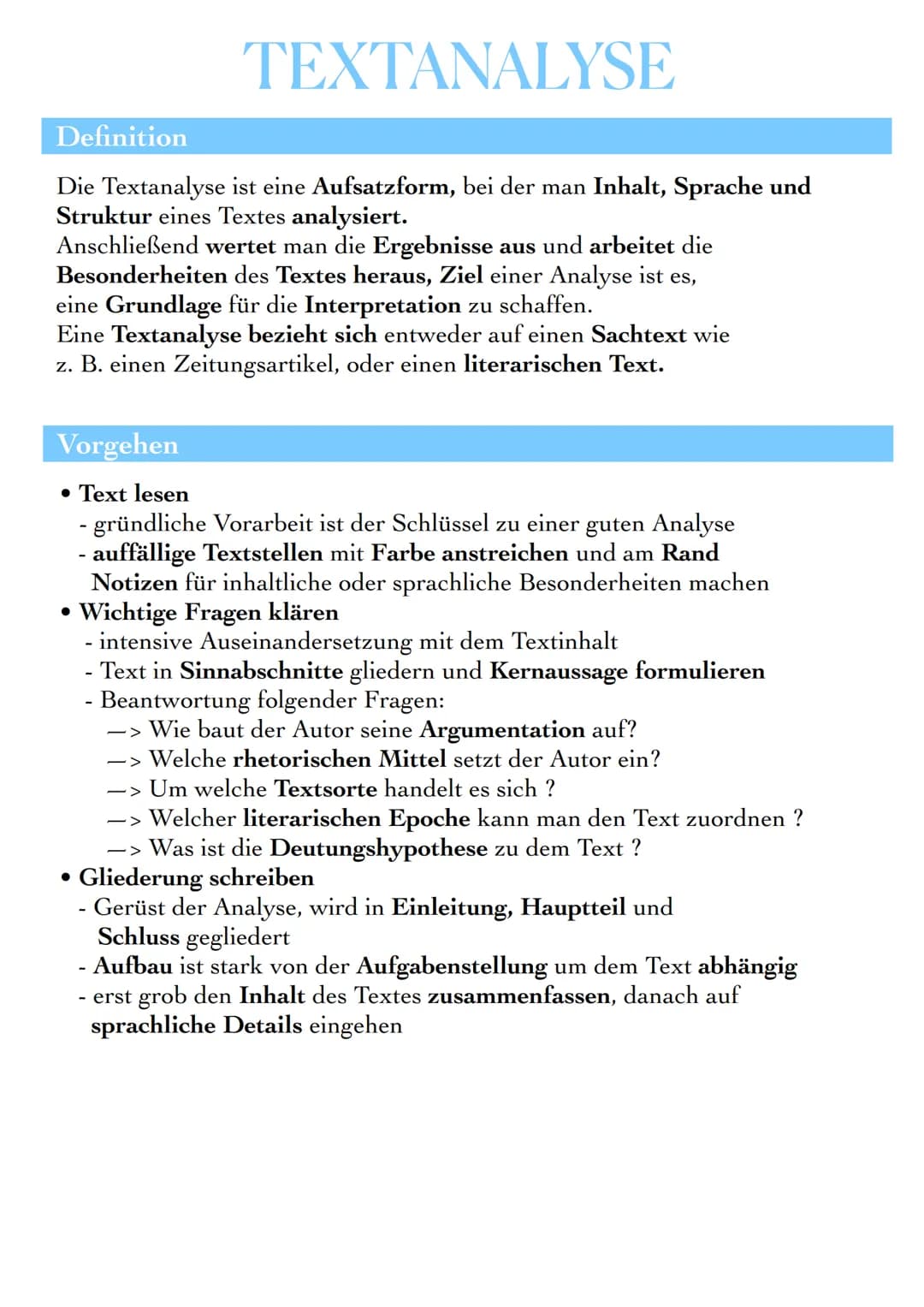 TEXTANALYSE
Die Textanalyse ist eine Aufsatzform, bei der man Inhalt, Sprache und
Struktur eines Textes analysiert.
Definition
Anschließend 