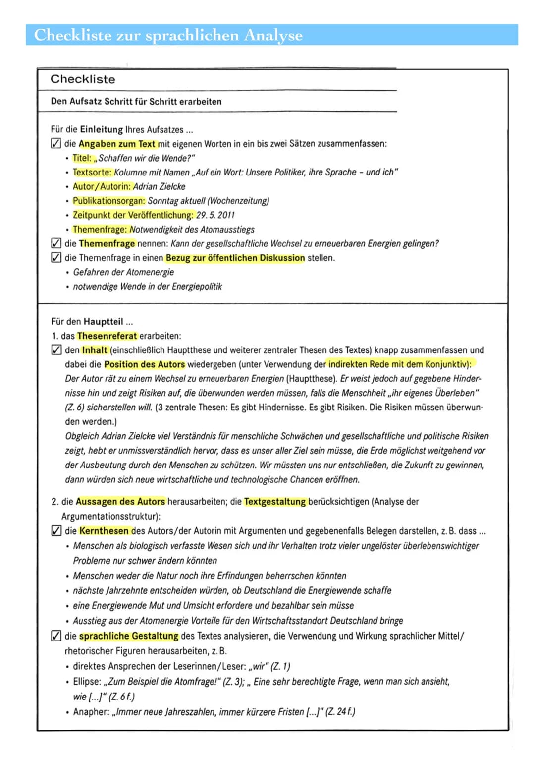 TEXTANALYSE
Die Textanalyse ist eine Aufsatzform, bei der man Inhalt, Sprache und
Struktur eines Textes analysiert.
Definition
Anschließend 
