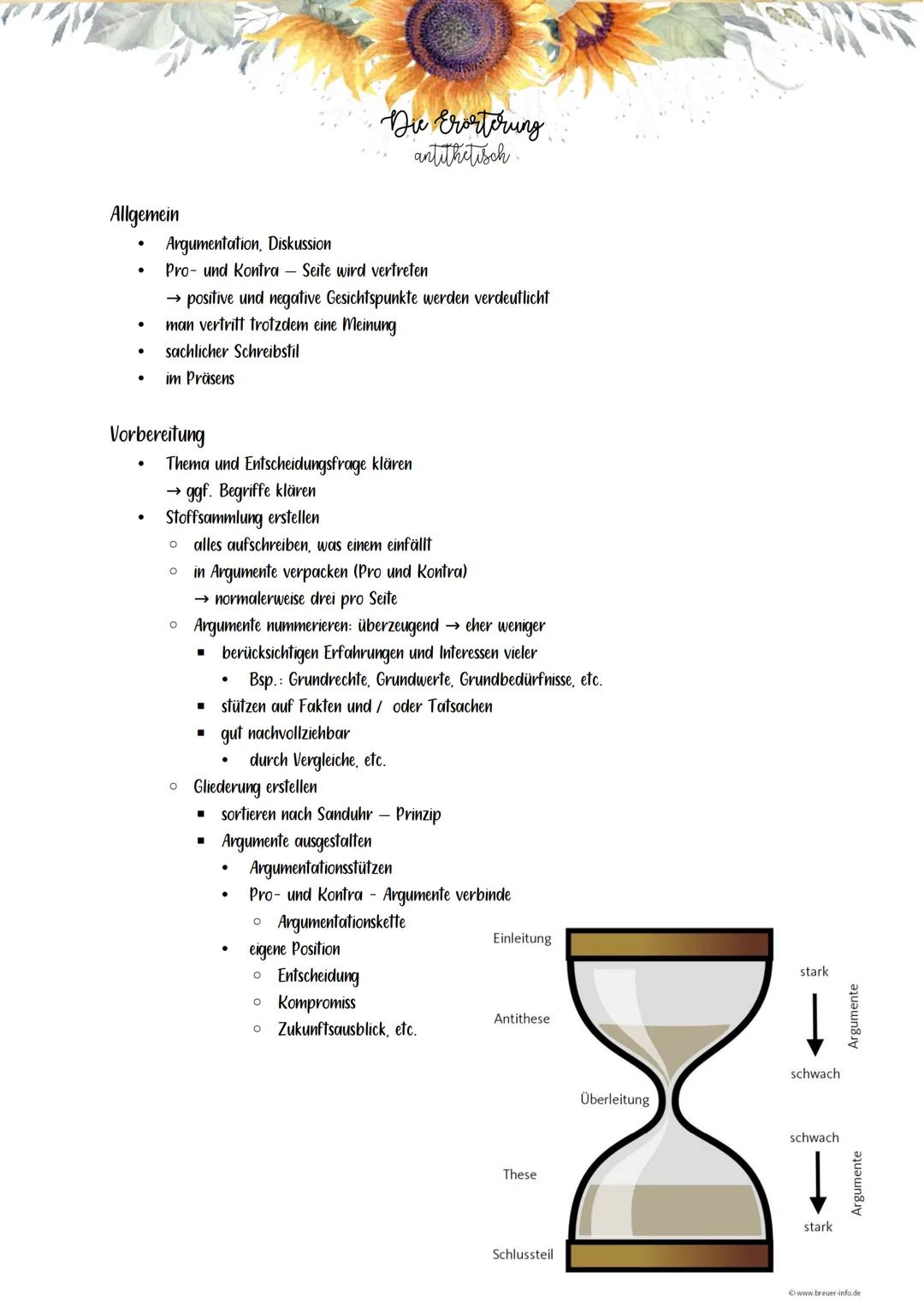 Allgemein

Die Erörterung
antithetisch

- Argumentation, Diskussion
- Pro- und Kontra Seite wird vertreten
- $\rightarrow$ positive und nega