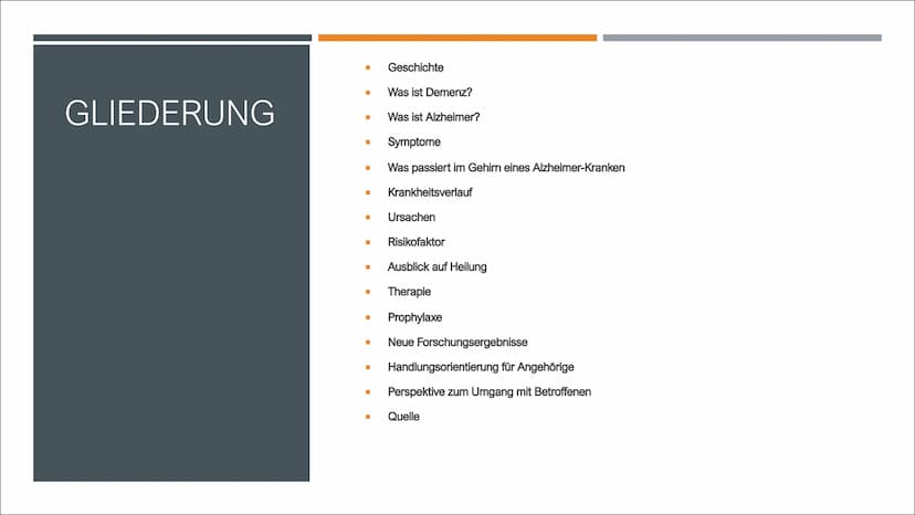 ALZHEIMER
VON Z. GENCARSLAN UND C. YESILKAYA GLIEDERUNG
■
I
I
■
Geschichte
Was ist Demenz?
Was ist Alzheimer?
Symptome
Was passiert im Gehir