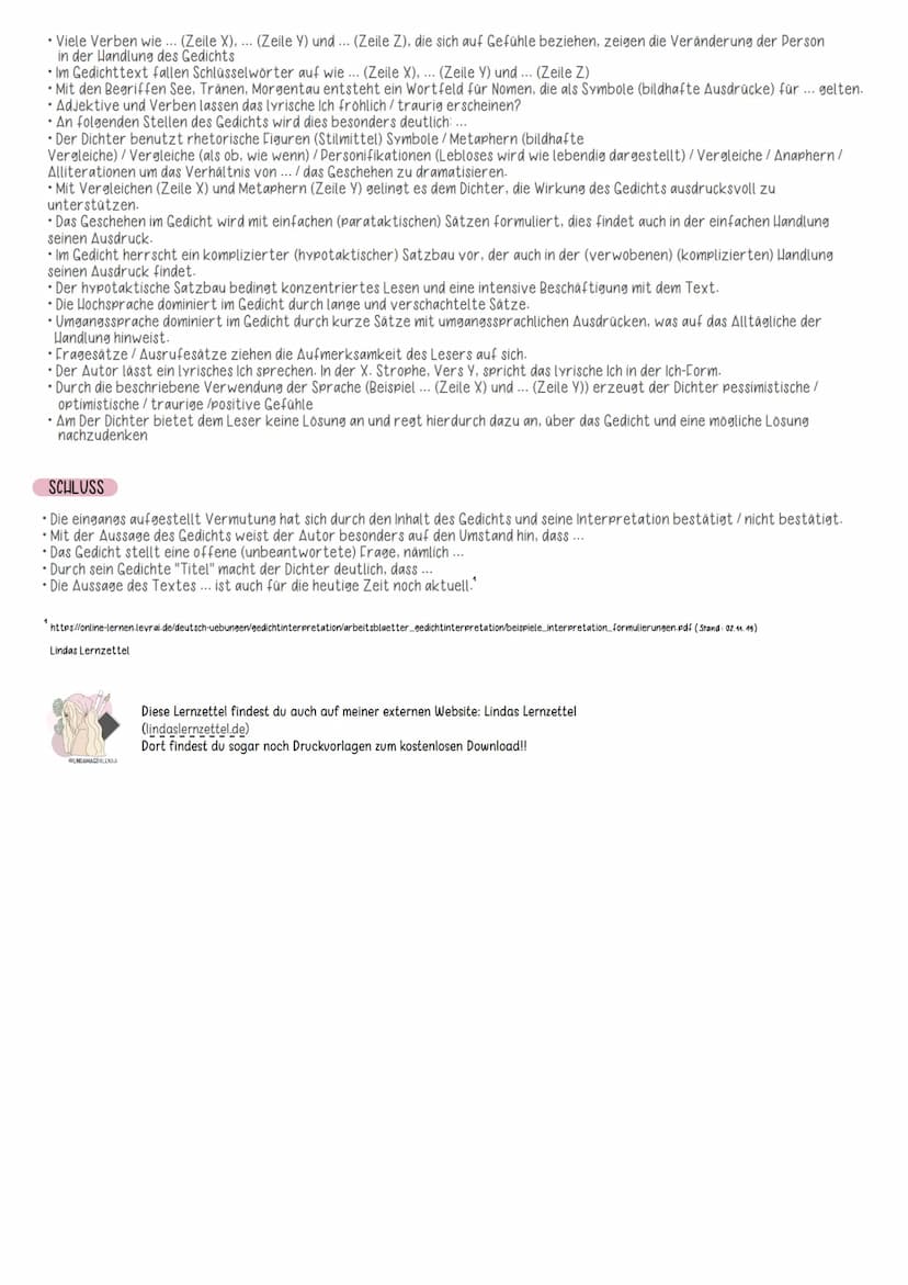 @LINDAMAGDALENAA
*
Gedichtanalyse:
FORMULIERUNGSHILFE
EINLEITUNG
Das Gedicht "Titel" von Autor X Y handelt vom Thema ...
• In dem Gedicht "T