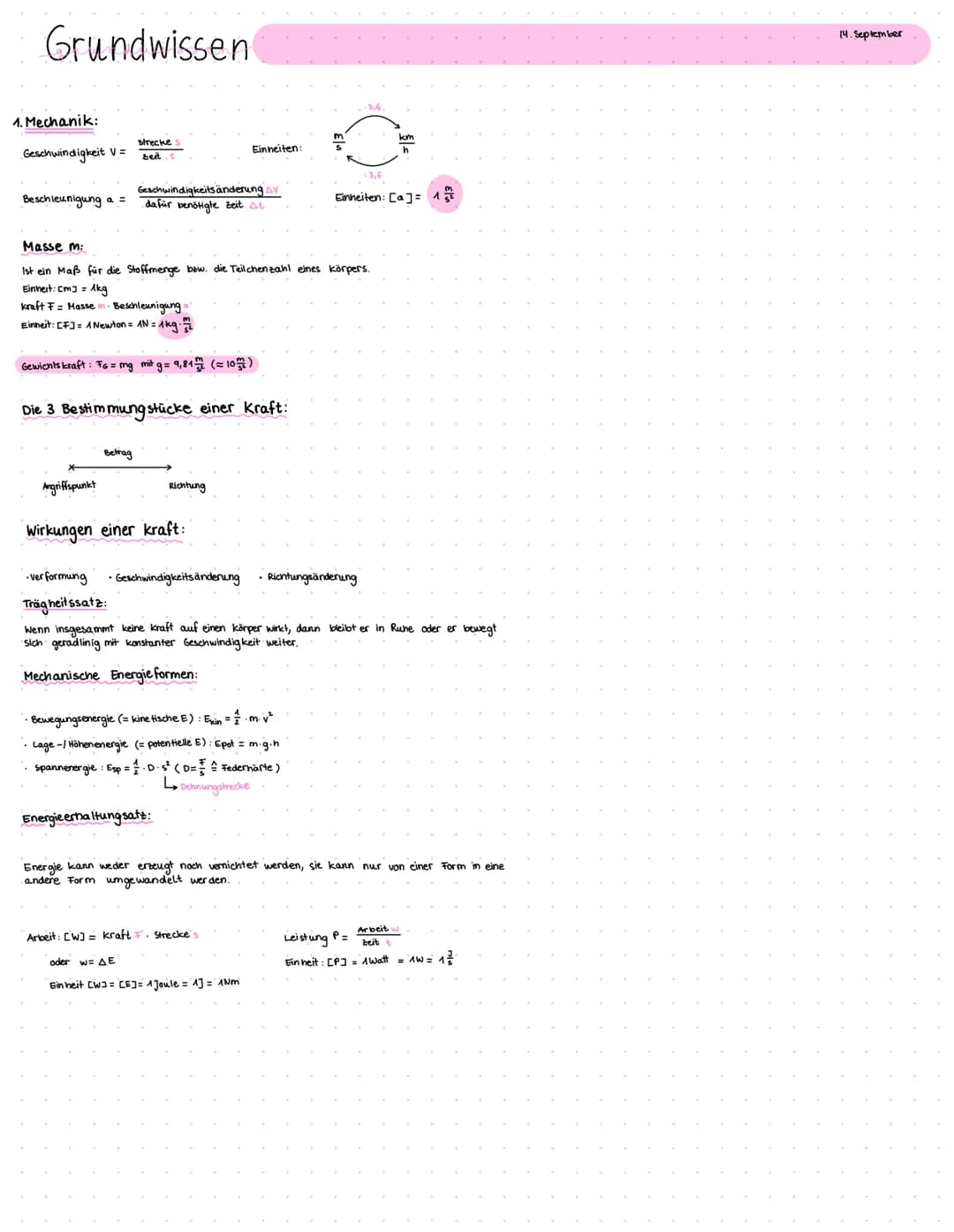 Grundwissen
1. Mechanik:
Geschwindigkeit V=
Beschleunigung a =
strecke
Zeit
Betrag
Geschwindigkeitsänderung AV
dafür benötigte Zeit st
Die 3