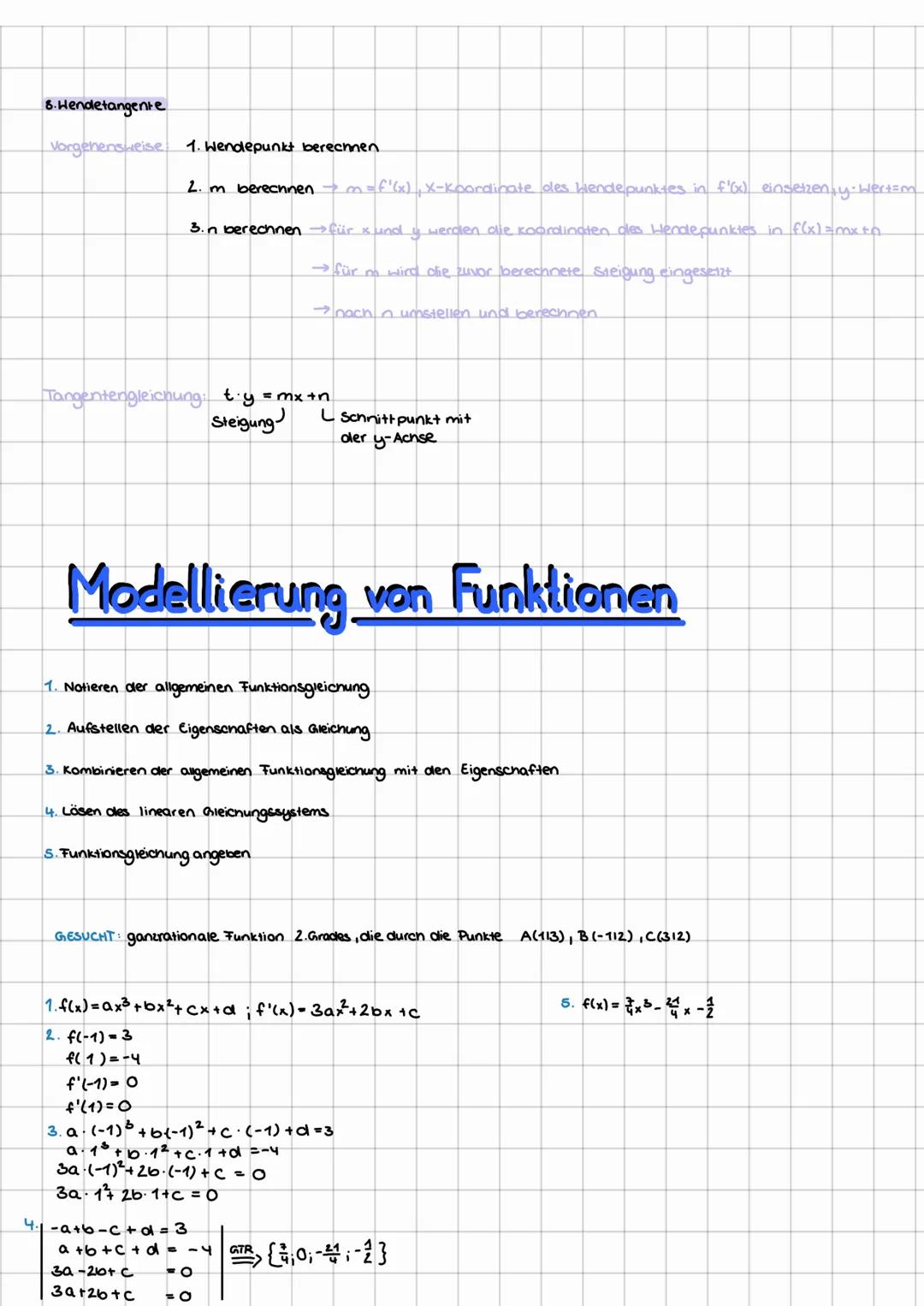 8. Hendetangente
Vorgehensweise
1. Wendepunkt berechnen.
2. m berechnen → m = f'(x), X-Koordinate des blendepunktes in f'(x) einsetzen y-Wer