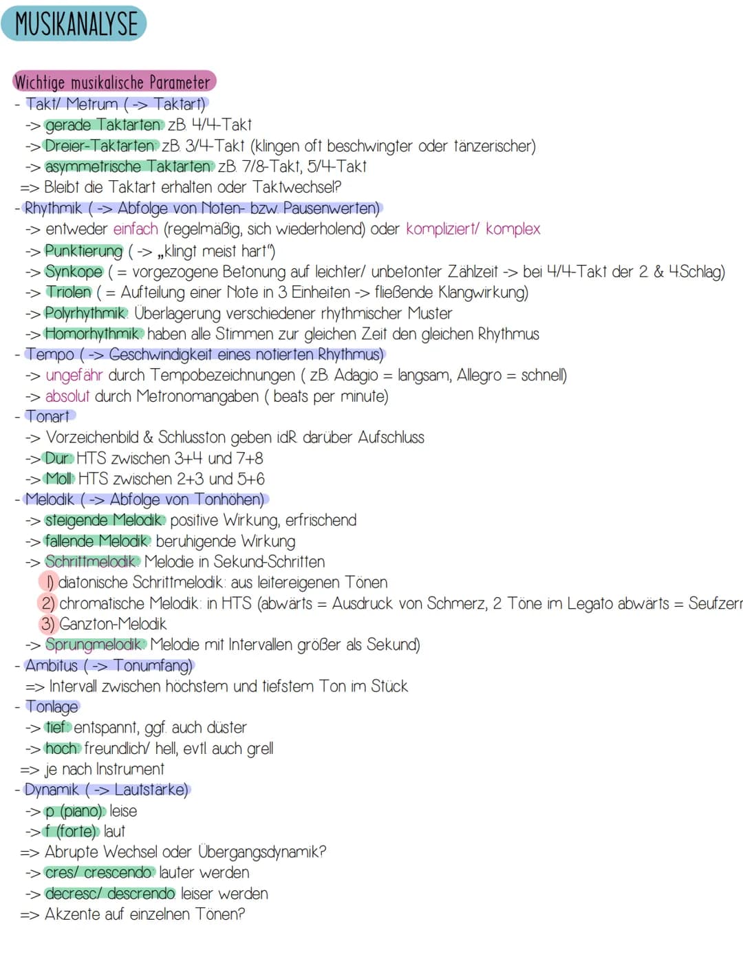 MUSIKANALYSE
Wichtige musikalische Parameter
Takt/ Metrum (→> Taktart)
-
→> gerade Taktarten zB. 4/4-Takt
-> Dreier-Taktarten zB. 3/4-Takt (