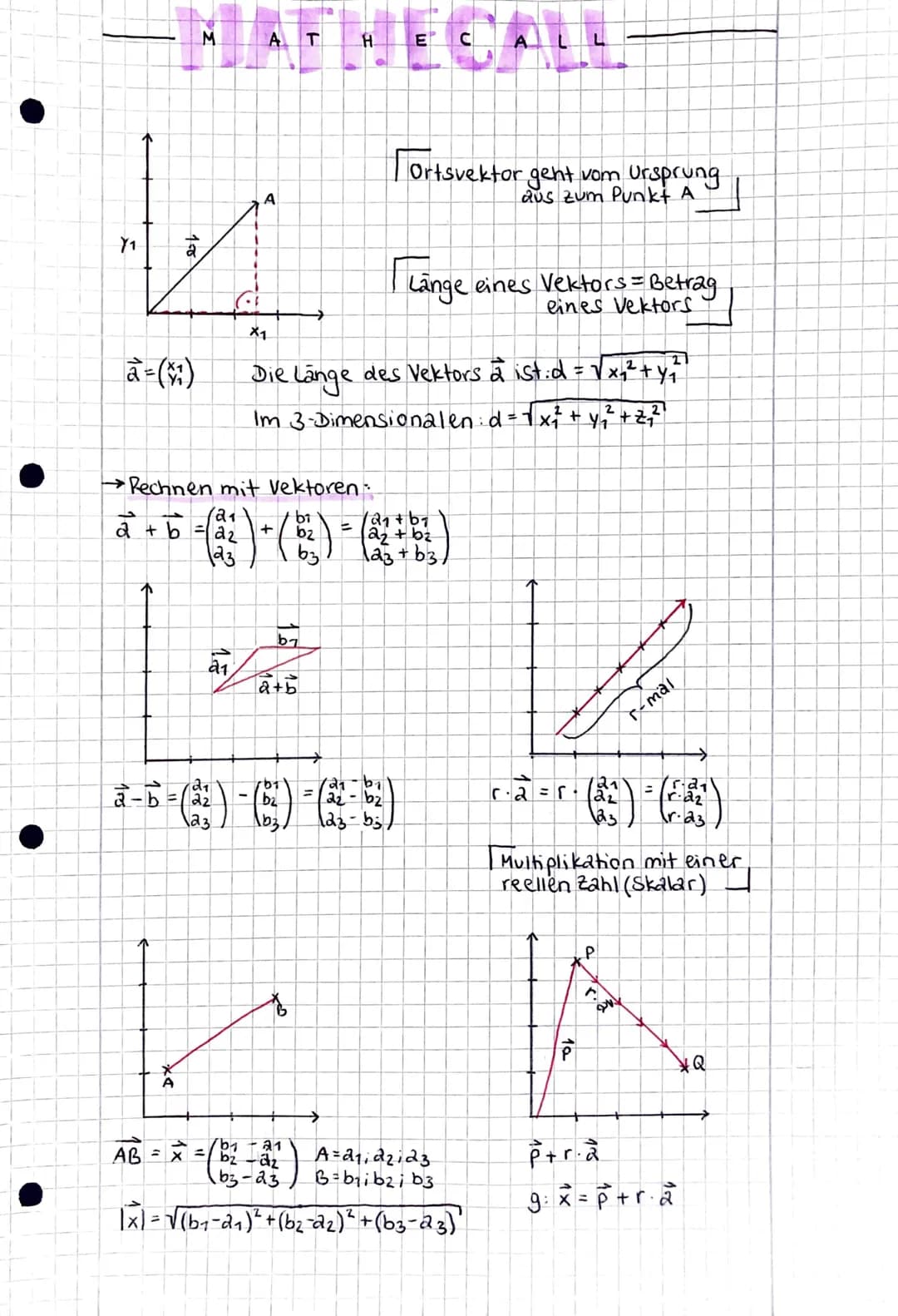 Y₁
1=0
a = (x²)
M
A
AFRECALL
(21
22
23
A
→ Rechnen mit Vektoren:
a+b
) + (52)
T
X1
2
Die Länge des Vektors & ist:d = √x ₁² + y₂₁²
Im 3-Dimen