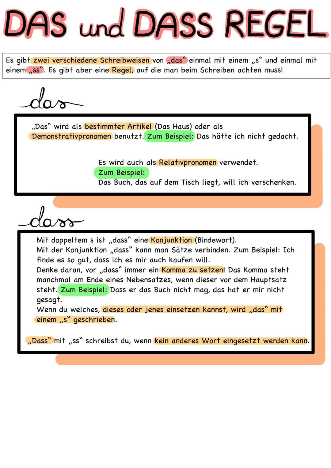 DAS und DASS REGEL
Es gibt zwei verschiedene Schreibweisen von ,,das" einmal mit einem ,,s" und einmal mit
einem ,,ss". Es gibt aber eine Re