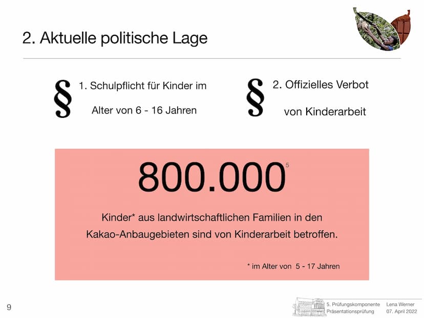 5. Prüfungskomponente
Lena Werner
Bild 1 1
Elfenbeinküste
-
Schokolade nur mit Kinderarbeit?
Prüfer: Herr Götze
Schule: Friedrich-Ebert-Gymn