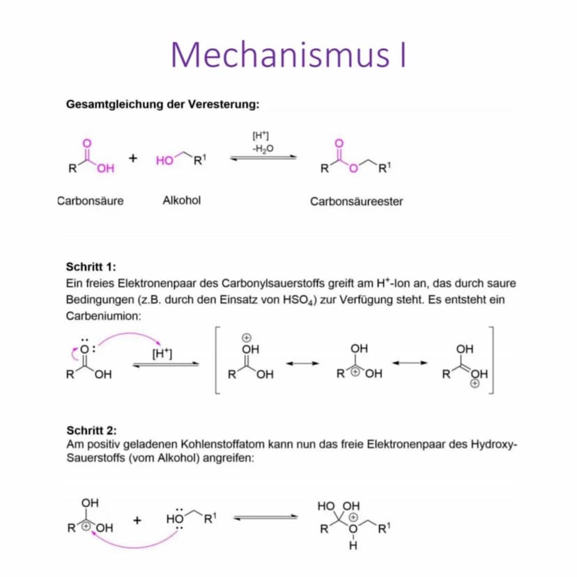 Allgemeines
Definition:
Bei der Veresterung wird auf einer Sauerstoffsäure (in diesem Fall Carbonsäure) und
einem Alkohol ein sogenannter Es