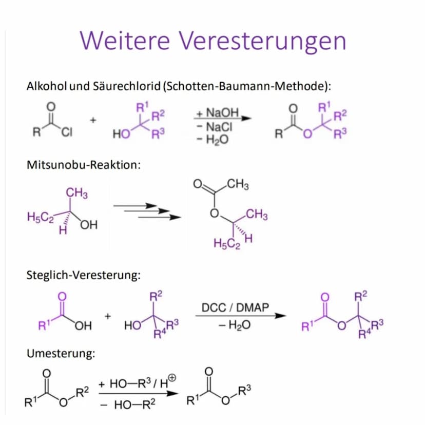 Allgemeines
Definition:
Bei der Veresterung wird auf einer Sauerstoffsäure (in diesem Fall Carbonsäure) und
einem Alkohol ein sogenannter Es