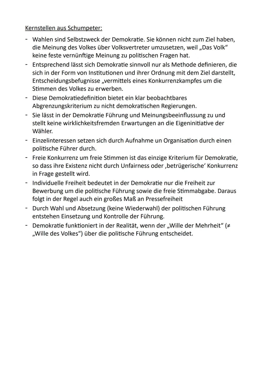 Kernstellen aus Schumpeter:
Wahlen sind Selbstzweck der Demokratie. Sie können nicht zum Ziel haben,
die Meinung des Volkes über Volksvertre