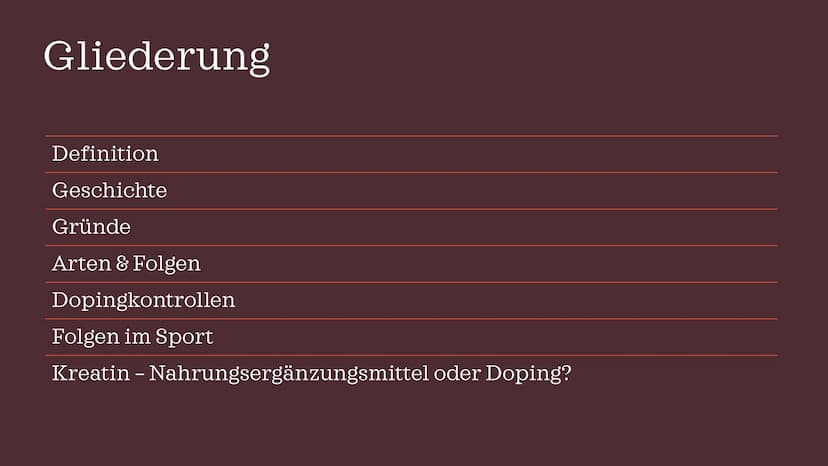 DOPING IM
SPORT Gliederung
Definition
Geschichte
Gründe
Arten & Folgen
Dopingkontrollen
Folgen im Sport
Kreatin – Nahrungsergänzungsmittel o