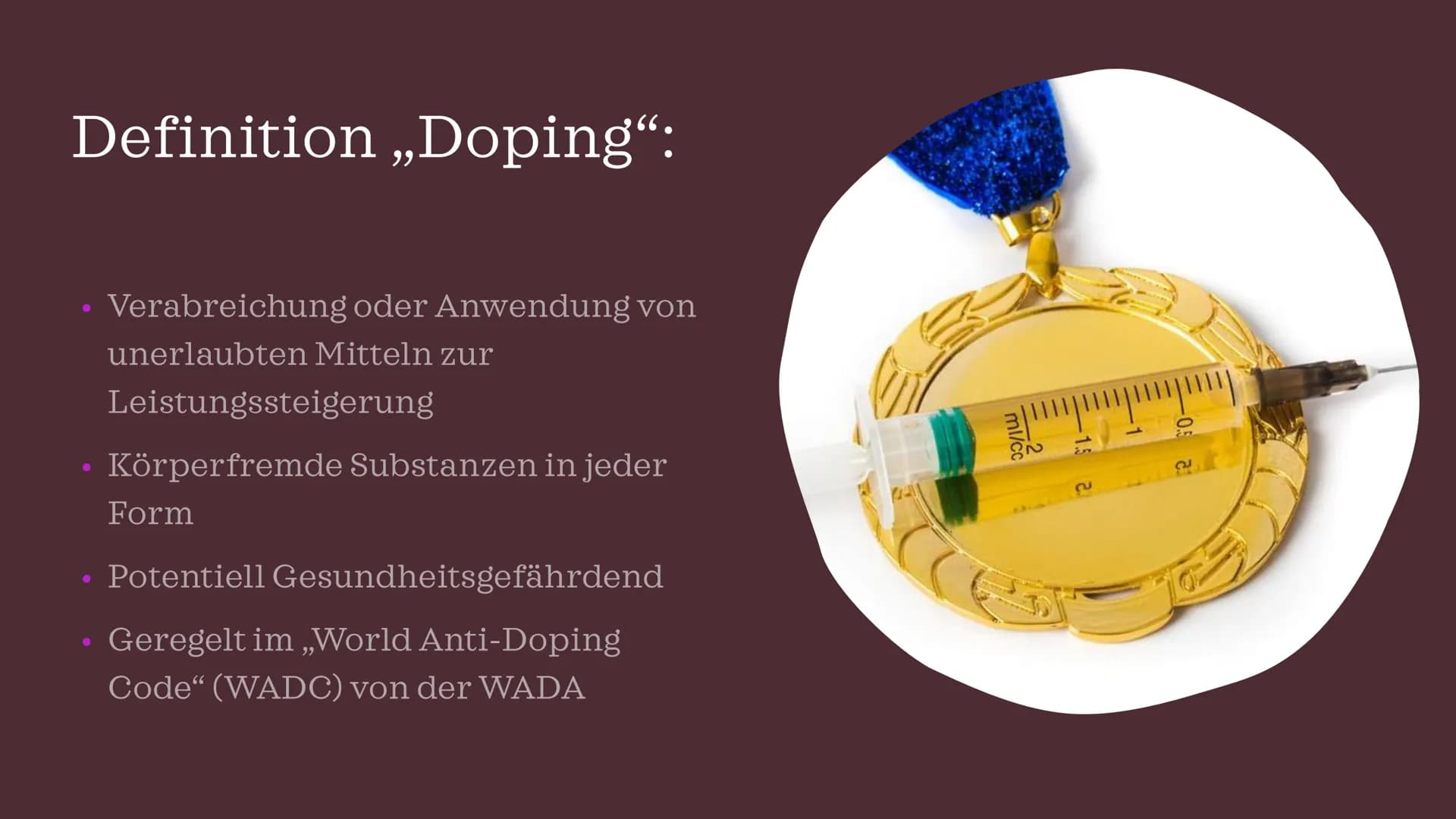 DOPING IM
SPORT Gliederung
Definition
Geschichte
Gründe
Arten & Folgen
Dopingkontrollen
Folgen im Sport
Kreatin – Nahrungsergänzungsmittel o