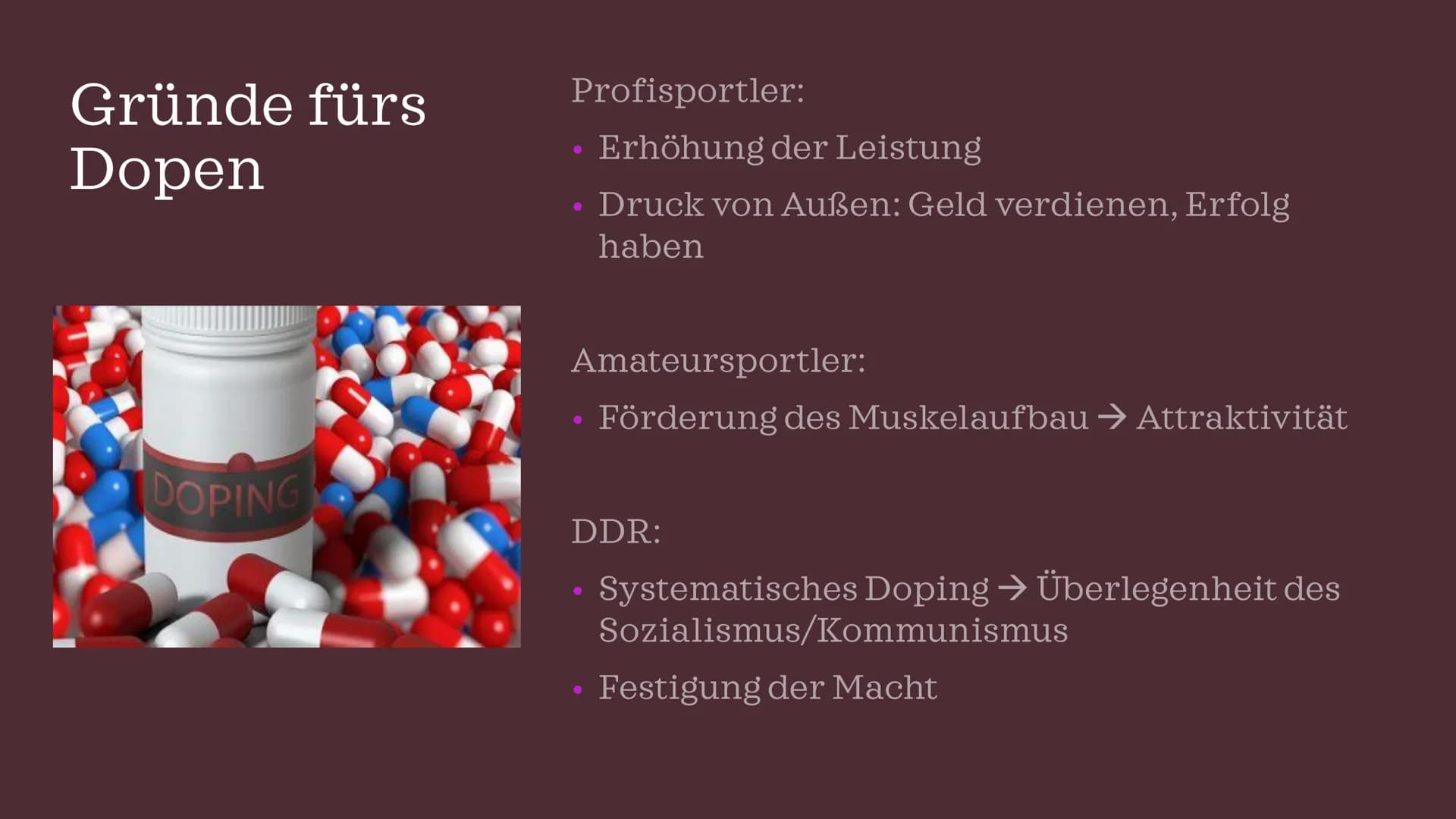 DOPING IM
SPORT Gliederung
Definition
Geschichte
Gründe
Arten & Folgen
Dopingkontrollen
Folgen im Sport
Kreatin – Nahrungsergänzungsmittel o