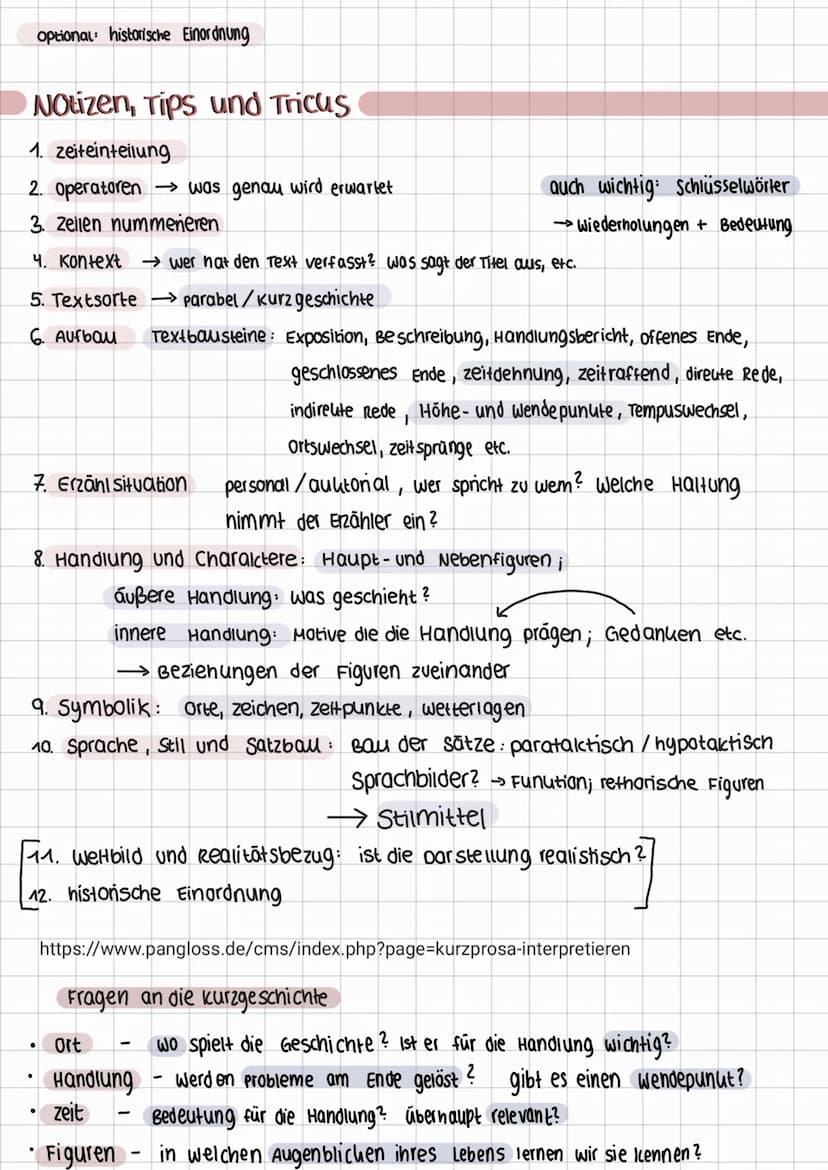kurzprosa analysieren
wichtig: sprachliche Mittel sowie formale Auffälligkeiten werden nicht nur genannt
sondern es bedarf immer einer funkt