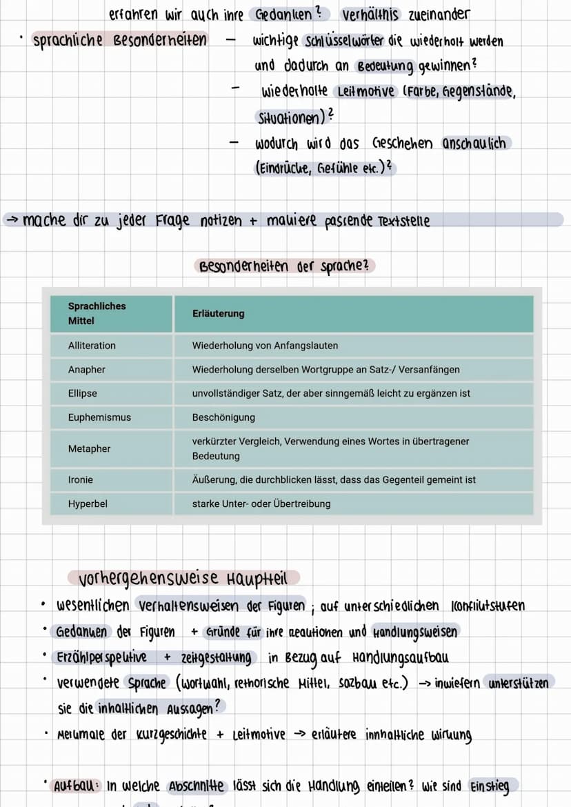 kurzprosa analysieren
wichtig: sprachliche Mittel sowie formale Auffälligkeiten werden nicht nur genannt
sondern es bedarf immer einer funkt