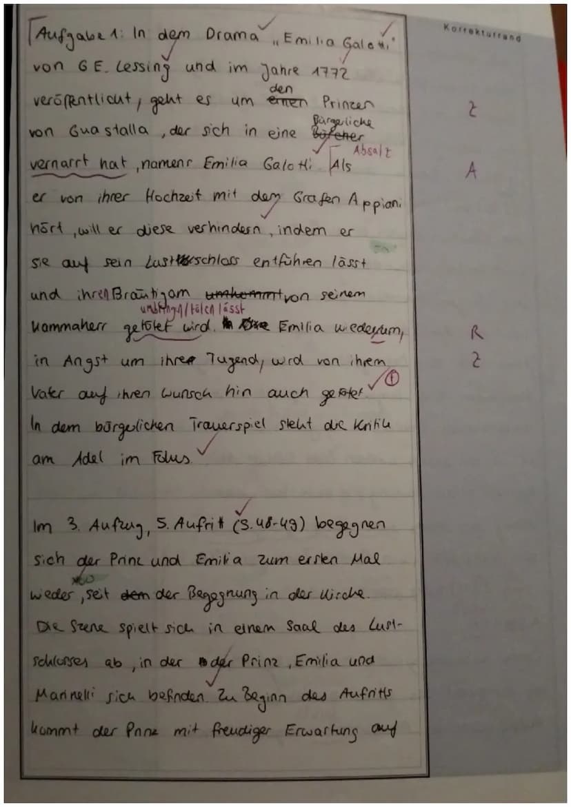 Aufgabe 1:
[30 BE]
Fassen Sie den 3. Aufzug, 5. Auftritt (S. 48–49) aus dem Drama „Emilia Galotti" von G.E.
Lessing zusammen und ordnen Sie 