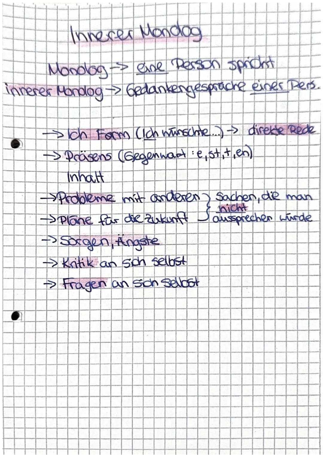 Innerer Mondog
Monolog -> eine Person spricht
innerer Monolog → Gedankengespräche einer Pers.
→Ich Farm (Ich wünschte...) -> direkte Rede
→ 