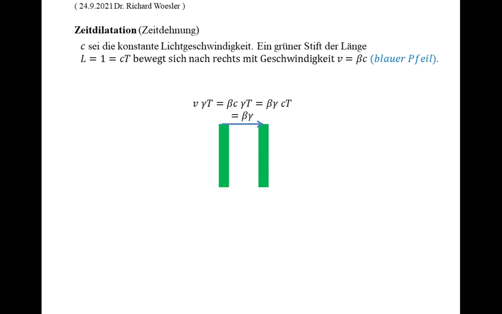 (24.9.2021 Dr. Richard Woesler)
Zeitdilatation (Zeitdehnung)
c sei die konstante Lichtgeschwindigkeit. Ein grüner Stift der Länge
L = 1 = cT