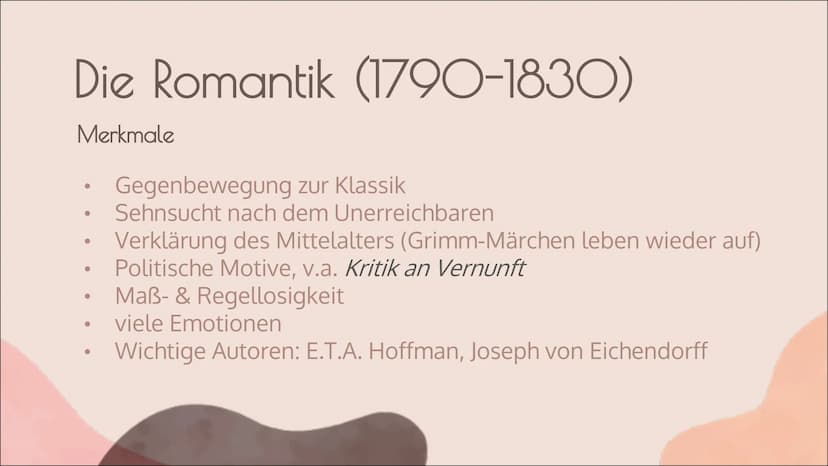 FRAUEN IN DER
ROMANTIK
von Lea Priebe Gliederung
●
●
●
●
●
●
●
Die Geschichte der Frau
Die Romantik - Merkmale und Werte
Das Frauenbild der 