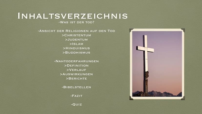 DER TOD
NAHTODERFAHRUNGEN UND DIE ANSICHT DER
UNTERSCHIEDLICHEN RELIGIONEN INHALTSVERZEICHNIS
-WAS IST DER TOD?
-ANSICHT DER RELIGIONEN AUF 