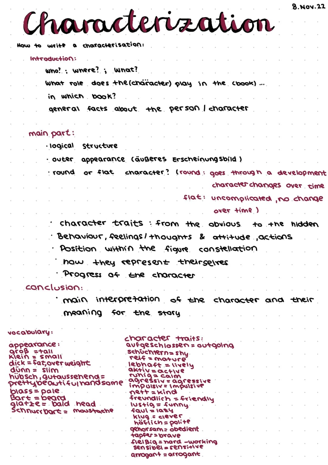 Characterization
How to write a characterisation:
Introduction:
who?; where?; what?
What role does the (character) play in the (book) ....
i