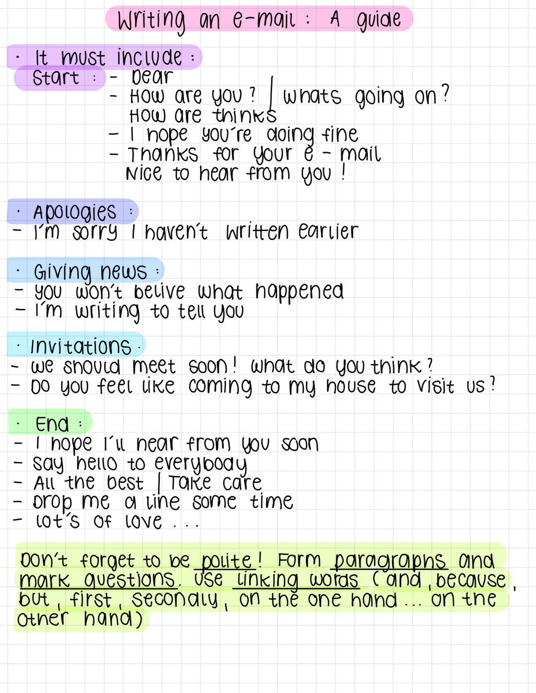 .
Apologies:
- I'm sorry I haven't written earlier
.
Writing an e-mail : A guide
It must include:
Start
Dear
How are you? whats going on?
Ho
