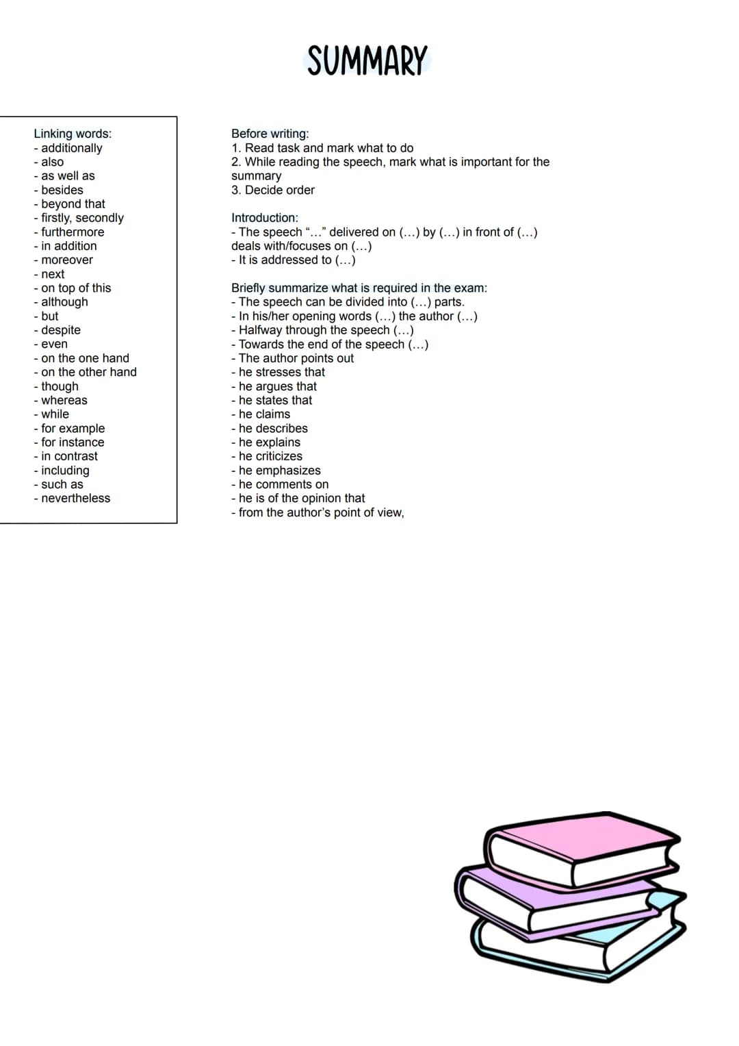 Linking words:
- additionally
also
as well as
- besides
- beyond that
- firstly, secondly
- furthermore
- in addition
- moreover
- next
- on