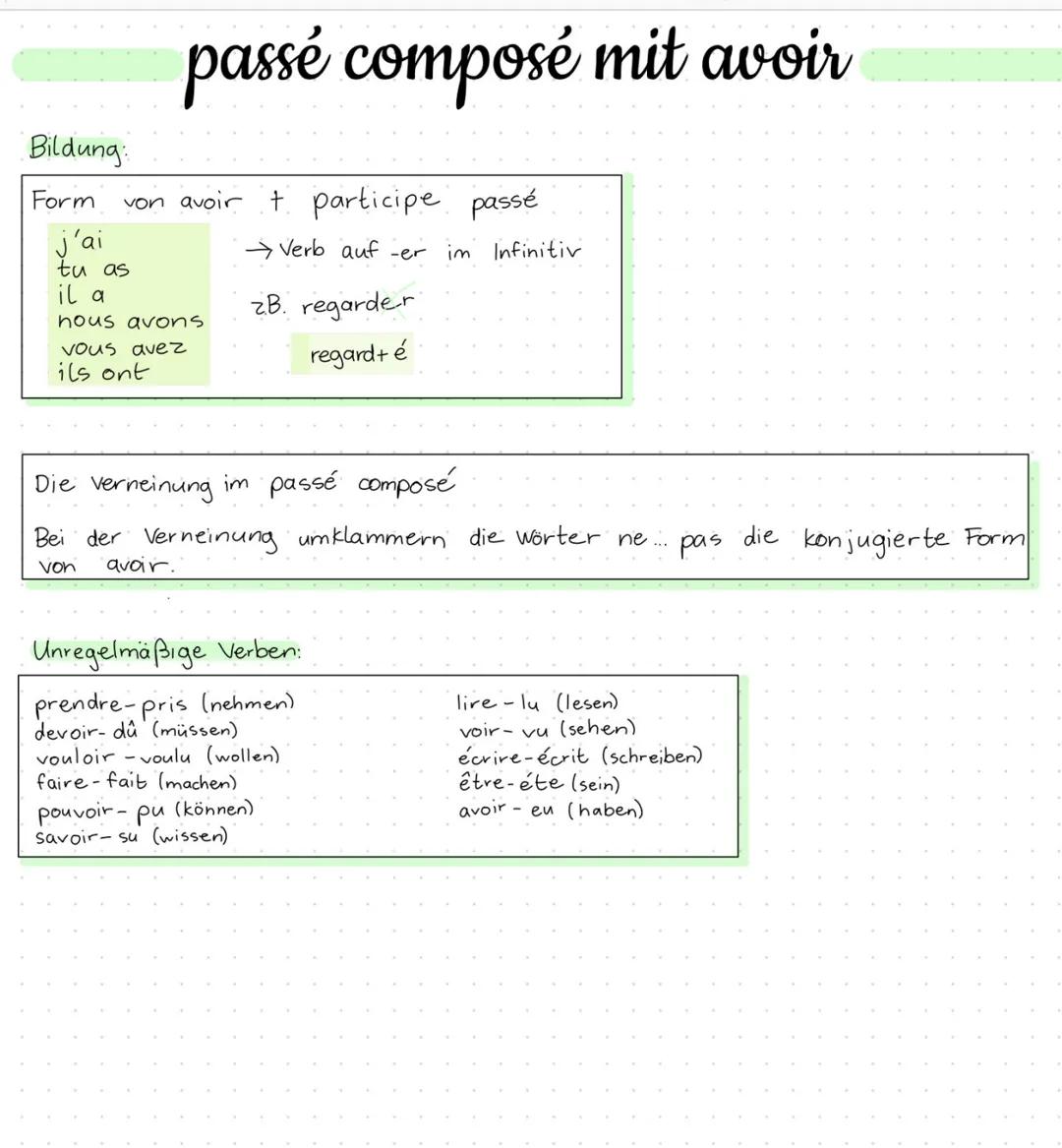 # passé composé mit avoir

Bildung:
Form von avoir + participe passé
j'ai →Verb auf -er im Infinitiv
tu as
il a 2.B. regarder
hous avons
vou