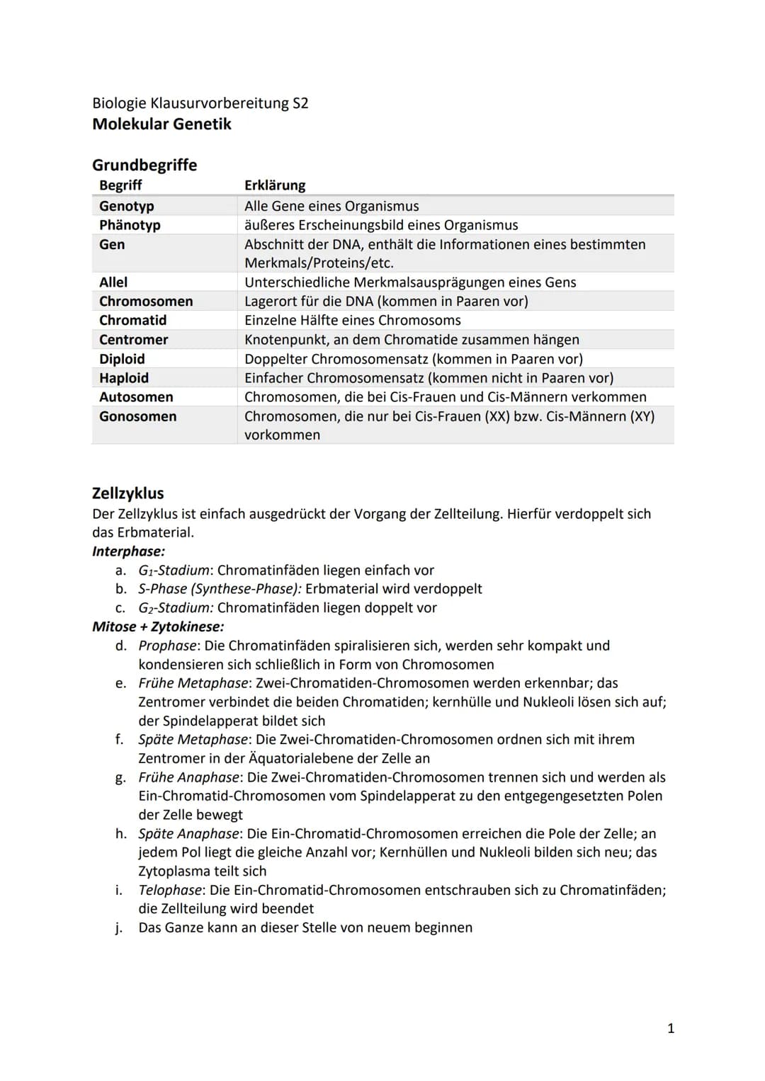 Biologie Klausurvorbereitung S2
Molekular Genetik
Grundbegriffe
Begriff
Genotyp
Phänotyp
Gen
Allel
Chromosomen
Chromatid
Centromer
Diploid
H