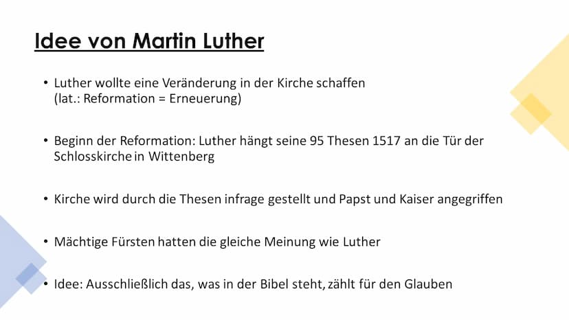 Die Reformation
verändert Deutschland Begriffserklärung & Früher
Reformation:
evangelische Kirche entstand
lateinischen -> Erneuerung
●
• st