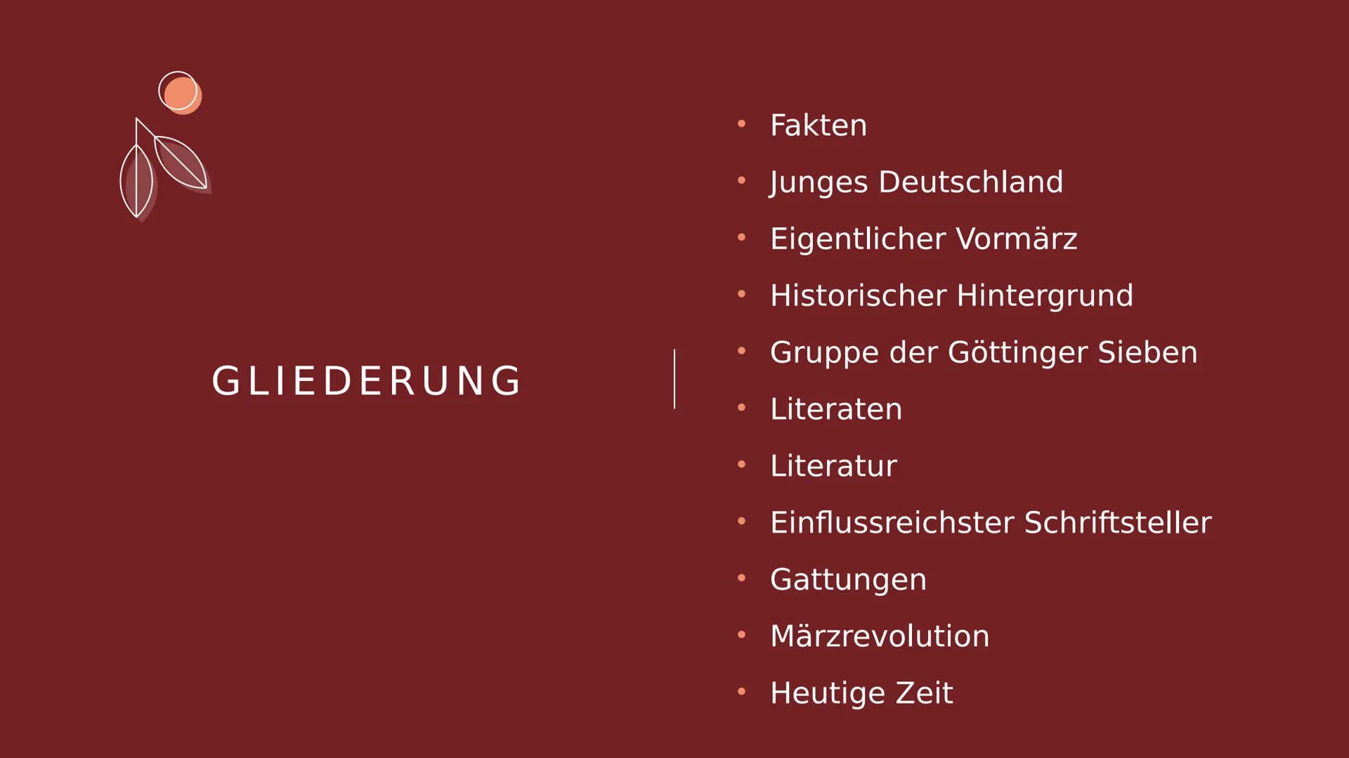 DIE EPOCHE
"VORMÄRZ"
Anna Hilgenfeld GLIEDERUNG
Fakten
Junges Deutschland
Eigentlicher Vormärz
Historischer Hintergrund
Gruppe der Göttinger
