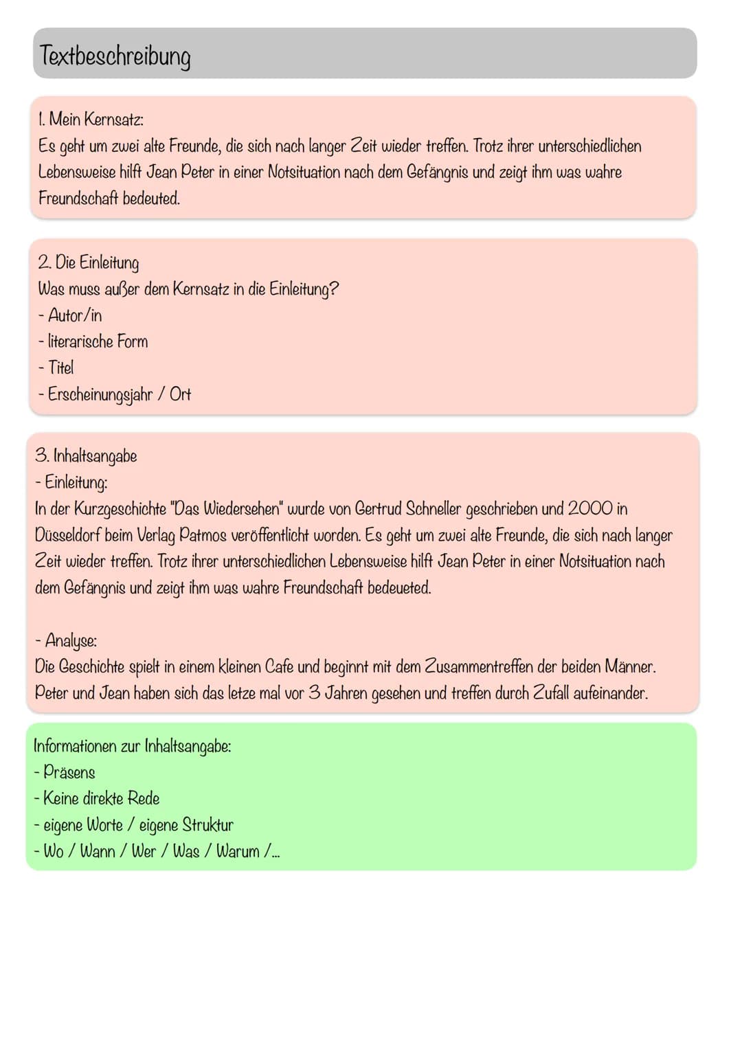 Textbeschreibung
1. Mein Kernsatz:
Es geht um zwei alte Freunde, die sich nach langer Zeit wieder treffen. Trotz ihrer unterschiedlichen
Leb