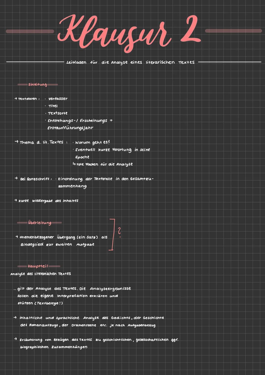 Einleitung
→ Textdaten :
Klausur 2
Leitfaden für die Analyse eines literarischen Textes
· verfasser
Titel
• Textsorte
· Entstehungs-/ Ersche