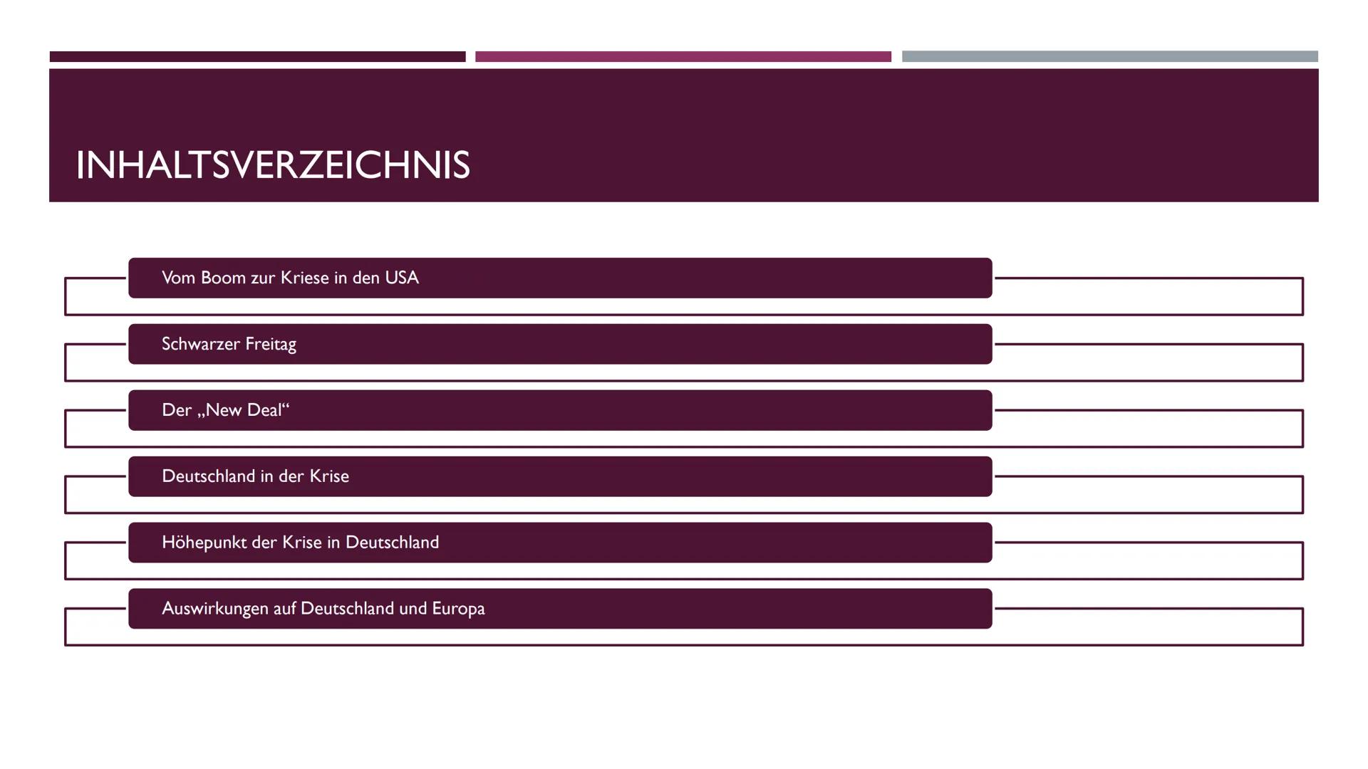 WELTWIRTSCHAFTSKRISE
1929 INHALTSVERZEICHNIS

Vom Boom zur Kriese in den USA

Schwarzer Freitag

Der,, New Deal"

Deutschland in der Krise

