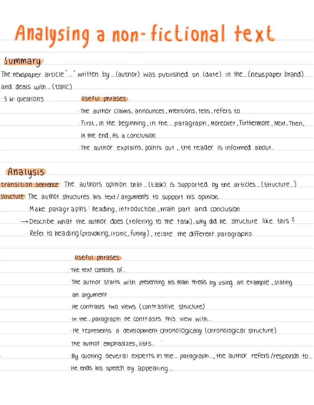 Analysing a non-fictional text
Summary:
The newspaper article written by... (author) was published on (date) in the.. (newspaper brand)
and 