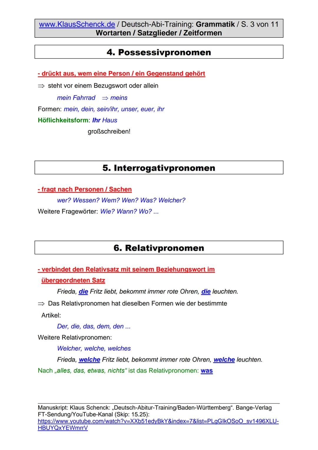 www.KlausSchenck.de / Deutsch-Abi-Training: Grammatik / S. 1 von 11
Wortarten / Satzglieder / Zeitformen
Grammatik
Die Begeisterung für dies