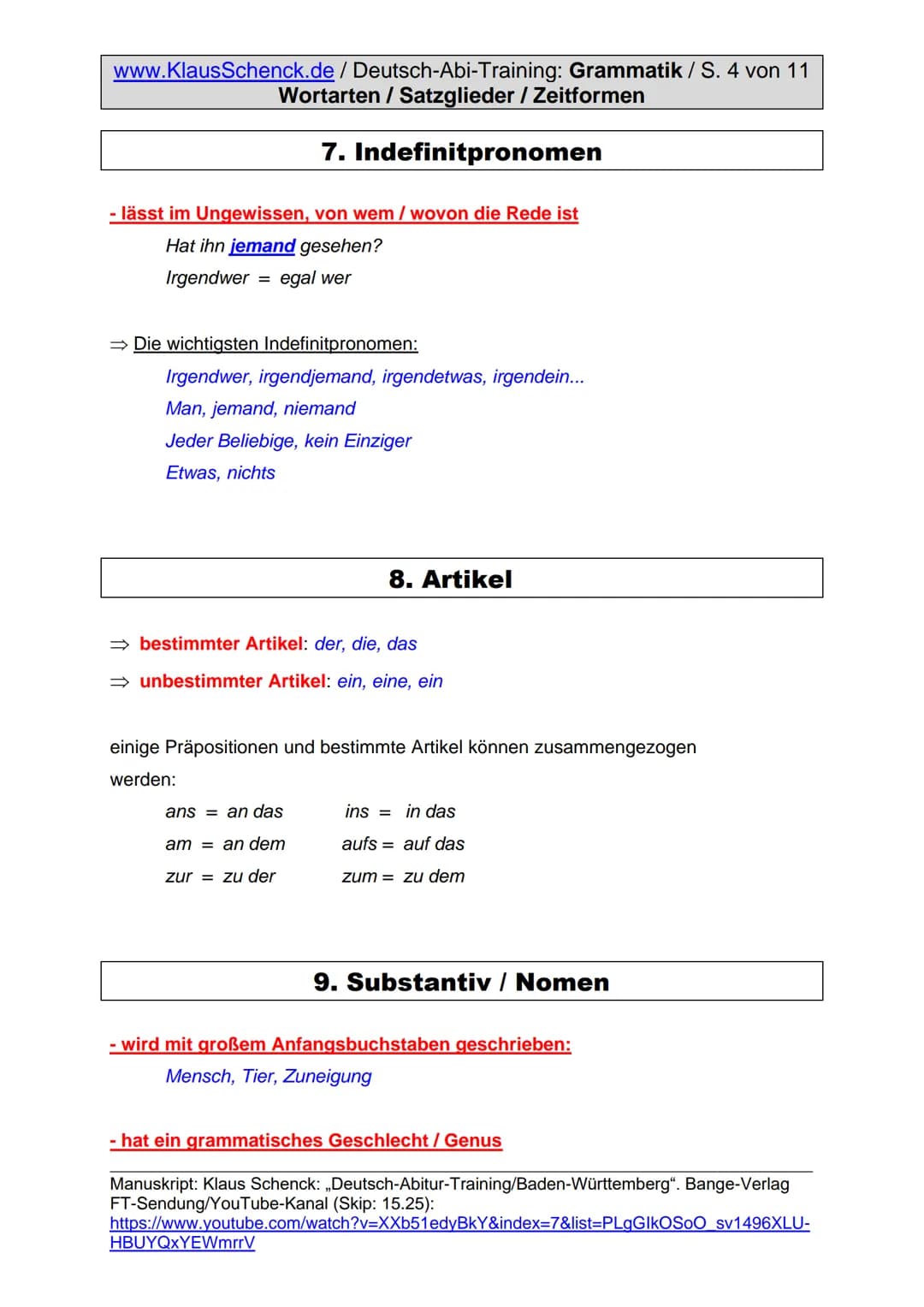 www.KlausSchenck.de / Deutsch-Abi-Training: Grammatik / S. 1 von 11
Wortarten / Satzglieder / Zeitformen
Grammatik
Die Begeisterung für dies