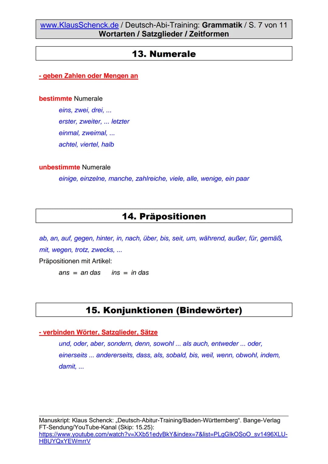 www.KlausSchenck.de / Deutsch-Abi-Training: Grammatik / S. 1 von 11
Wortarten / Satzglieder / Zeitformen
Grammatik
Die Begeisterung für dies