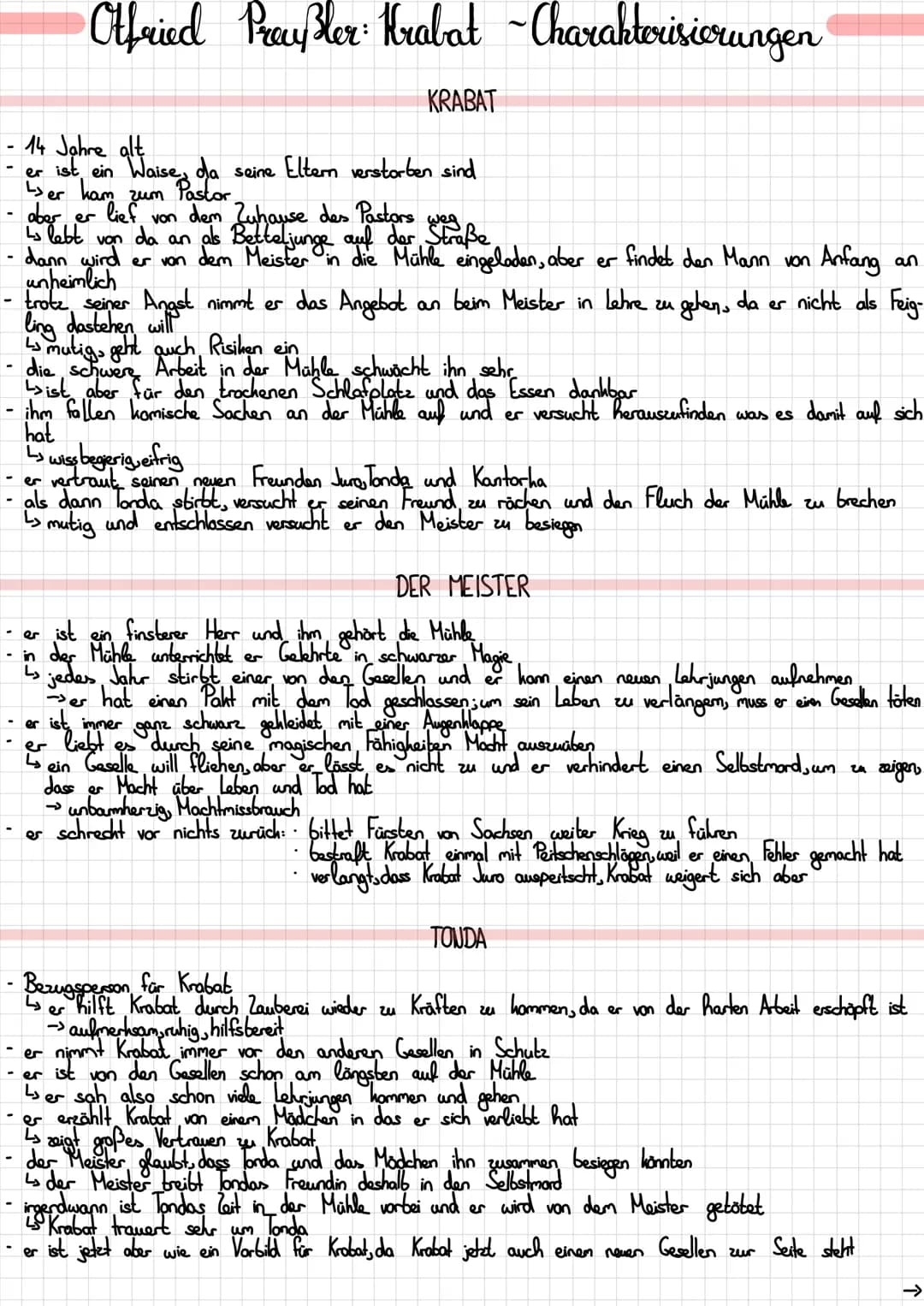 Otfried Prayßler Krabat ~Charakterisierungen
KRABAT
14 Jahre alt
er ist ein Waise, da seine Eltern verstorben sind
↳er kam
Pastor
er
aber
Ls
