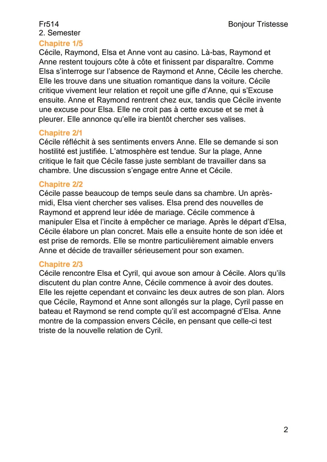 --- OCR Start ---
Fr514
2. Semester
Résumés
Chapitre 1/1
Bonjour Tristesse
De Françoise Sagan (1954)
Bonjour Tristesse
Cécile, une élève par