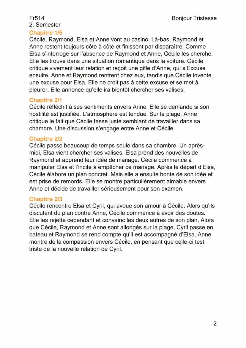 --- OCR Start ---
Fr514
2. Semester
Résumés
Chapitre 1/1
Bonjour Tristesse
De Françoise Sagan (1954)
Bonjour Tristesse
Cécile, une élève par