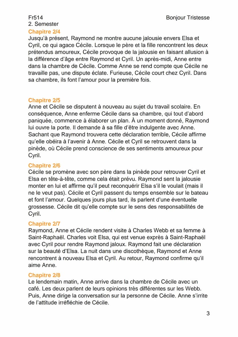--- OCR Start ---
Fr514
2. Semester
Résumés
Chapitre 1/1
Bonjour Tristesse
De Françoise Sagan (1954)
Bonjour Tristesse
Cécile, une élève par