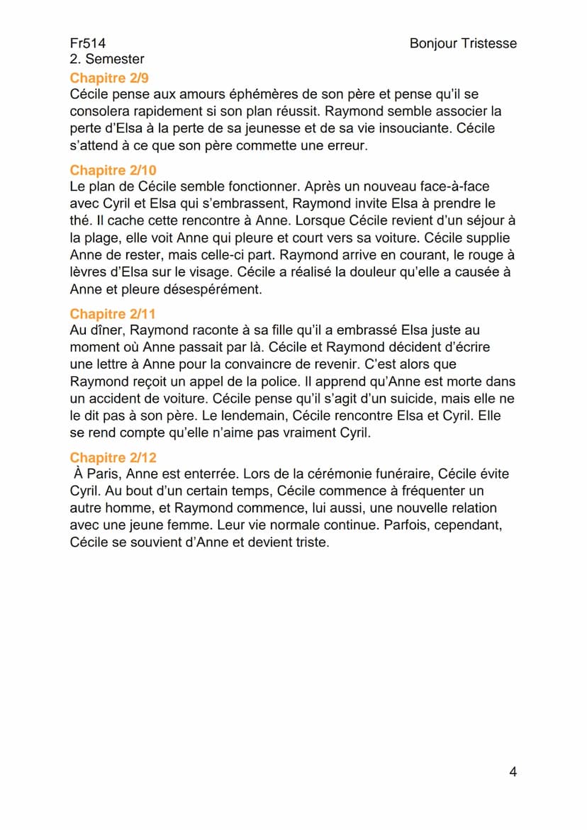 --- OCR Start ---
Fr514
2. Semester
Résumés
Chapitre 1/1
Bonjour Tristesse
De Françoise Sagan (1954)
Bonjour Tristesse
Cécile, une élève par
