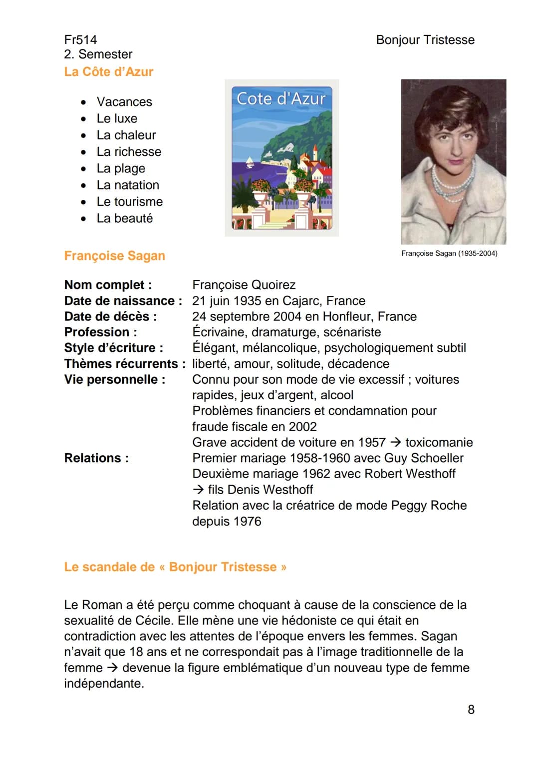 --- OCR Start ---
Fr514
2. Semester
Résumés
Chapitre 1/1
Bonjour Tristesse
De Françoise Sagan (1954)
Bonjour Tristesse
Cécile, une élève par