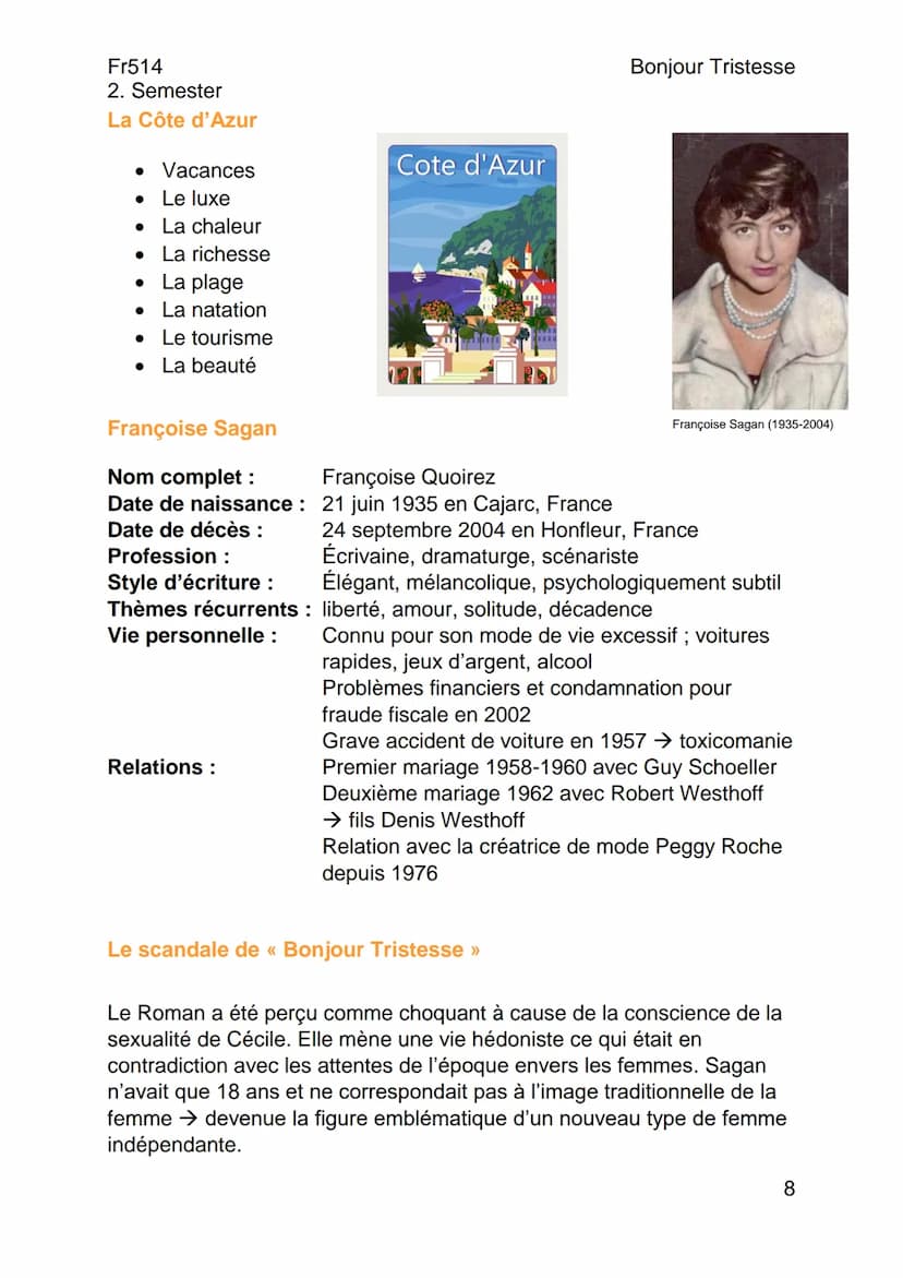 --- OCR Start ---
Fr514
2. Semester
Résumés
Chapitre 1/1
Bonjour Tristesse
De Françoise Sagan (1954)
Bonjour Tristesse
Cécile, une élève par