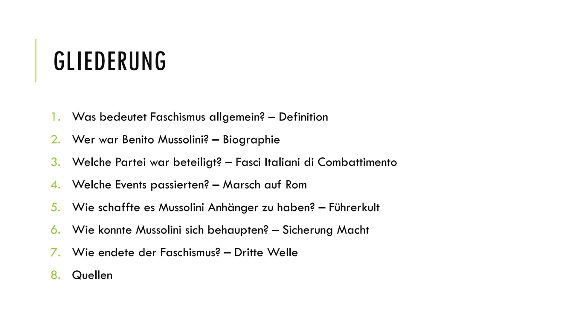 1. Definition
-
Faschismus in Italien
Ein Vortrag von Thekla Moseliani und Simon Hartwich
-
politische Bewegung unter Führung von Benito Mus