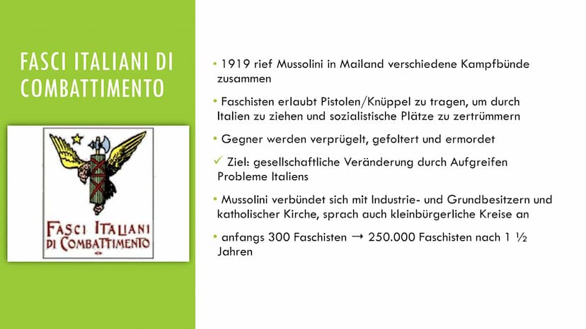 1. Definition
-
Faschismus in Italien
Ein Vortrag von Thekla Moseliani und Simon Hartwich
-
politische Bewegung unter Führung von Benito Mus