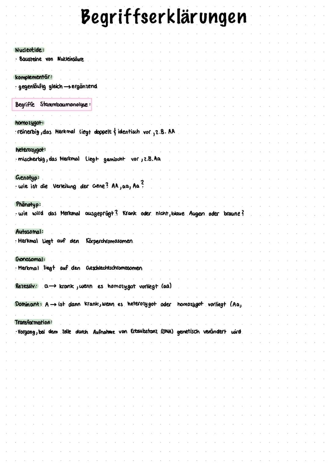  Aufbau der DNA, semikonservative Replikation der DNA, Erbgänge (Begriffserklärungen dazu)