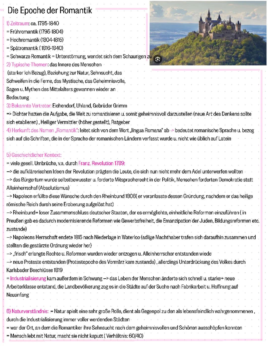 Epoche der Romantik Lernzettel